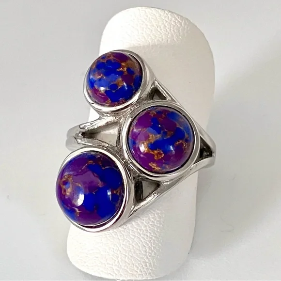 Mojave purple turquoise, multi-stone Cabochon ring in stainless steel - Picture 1 of 9